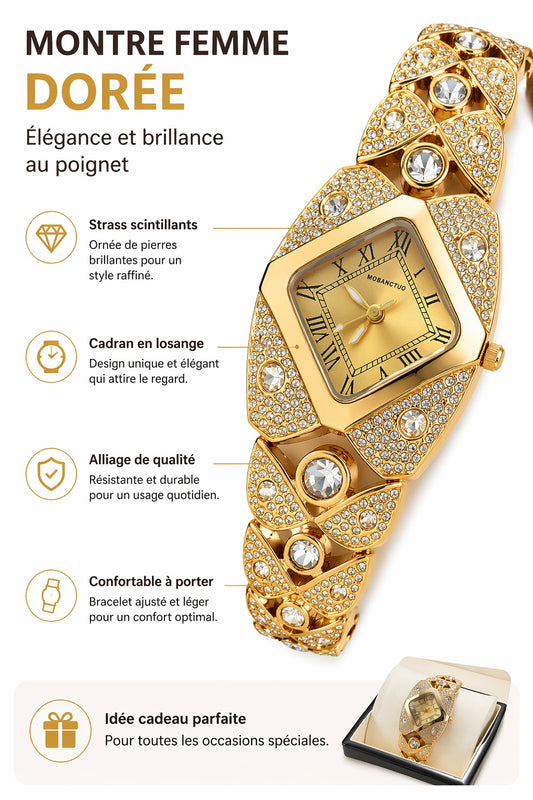 Montre élégante pour femme à cadran losange serti de strass mouvement quartz bracelet en alliage style chic