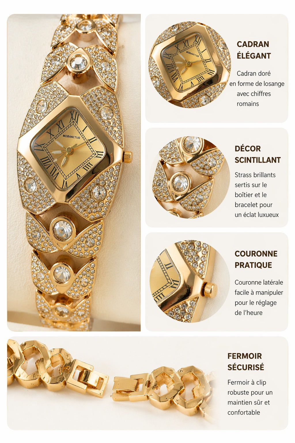 Montre élégante pour femme à cadran losange serti de strass mouvement quartz bracelet en alliage style chic
