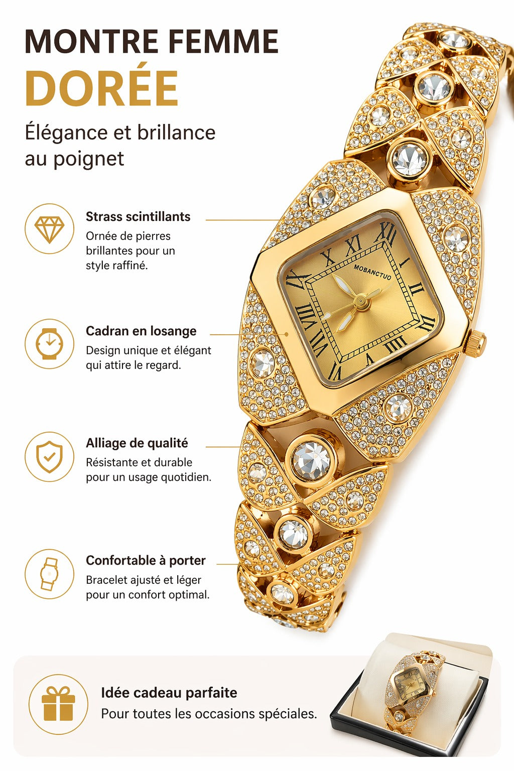 Montre élégante pour femme à cadran losange serti de strass mouvement quartz bracelet en alliage style chic