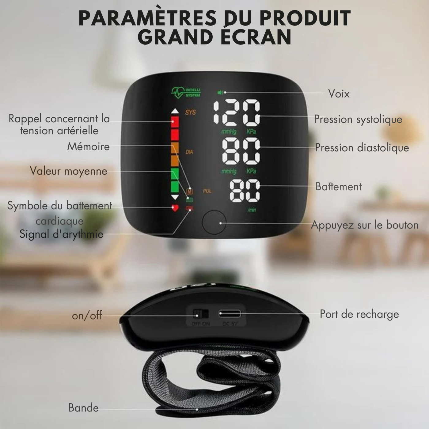 Tensiomètre au poignet numérique voix fréquence cardiaque tensiomètre LED écran numérique Rechargeable maison médicale