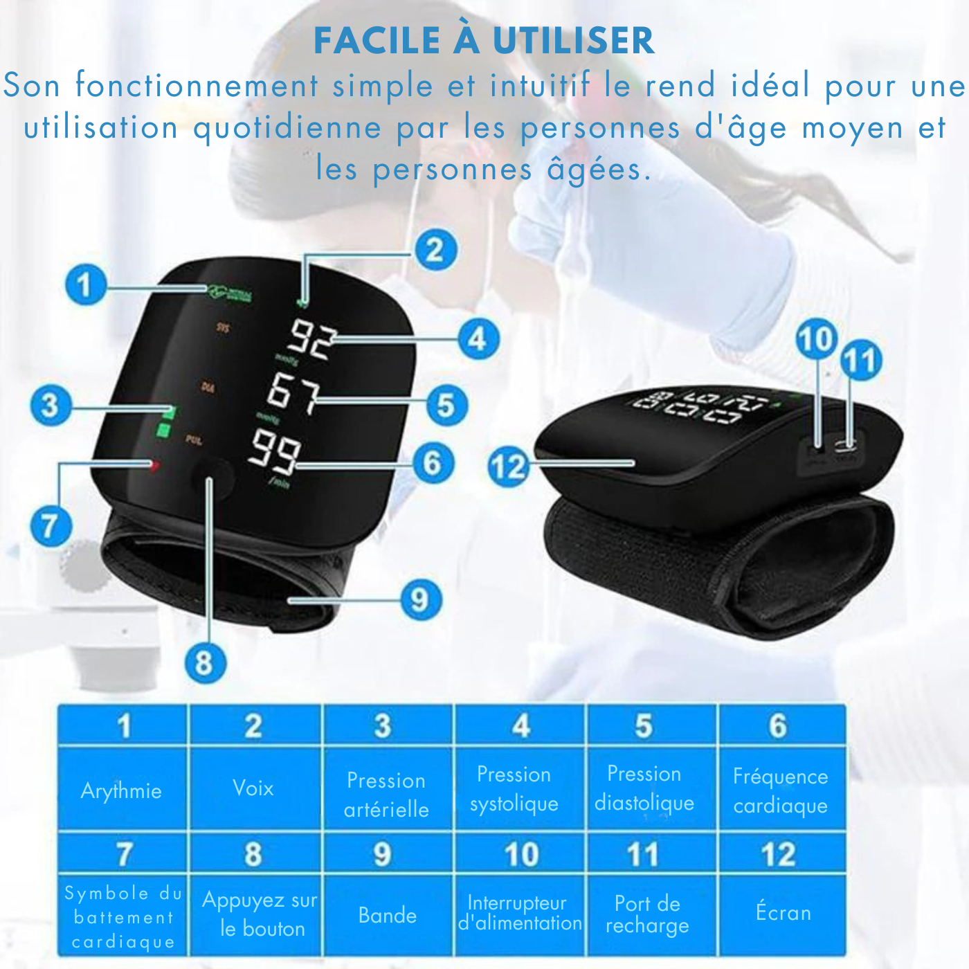 Tensiomètre au poignet numérique voix fréquence cardiaque tensiomètre LED écran numérique Rechargeable maison médicale