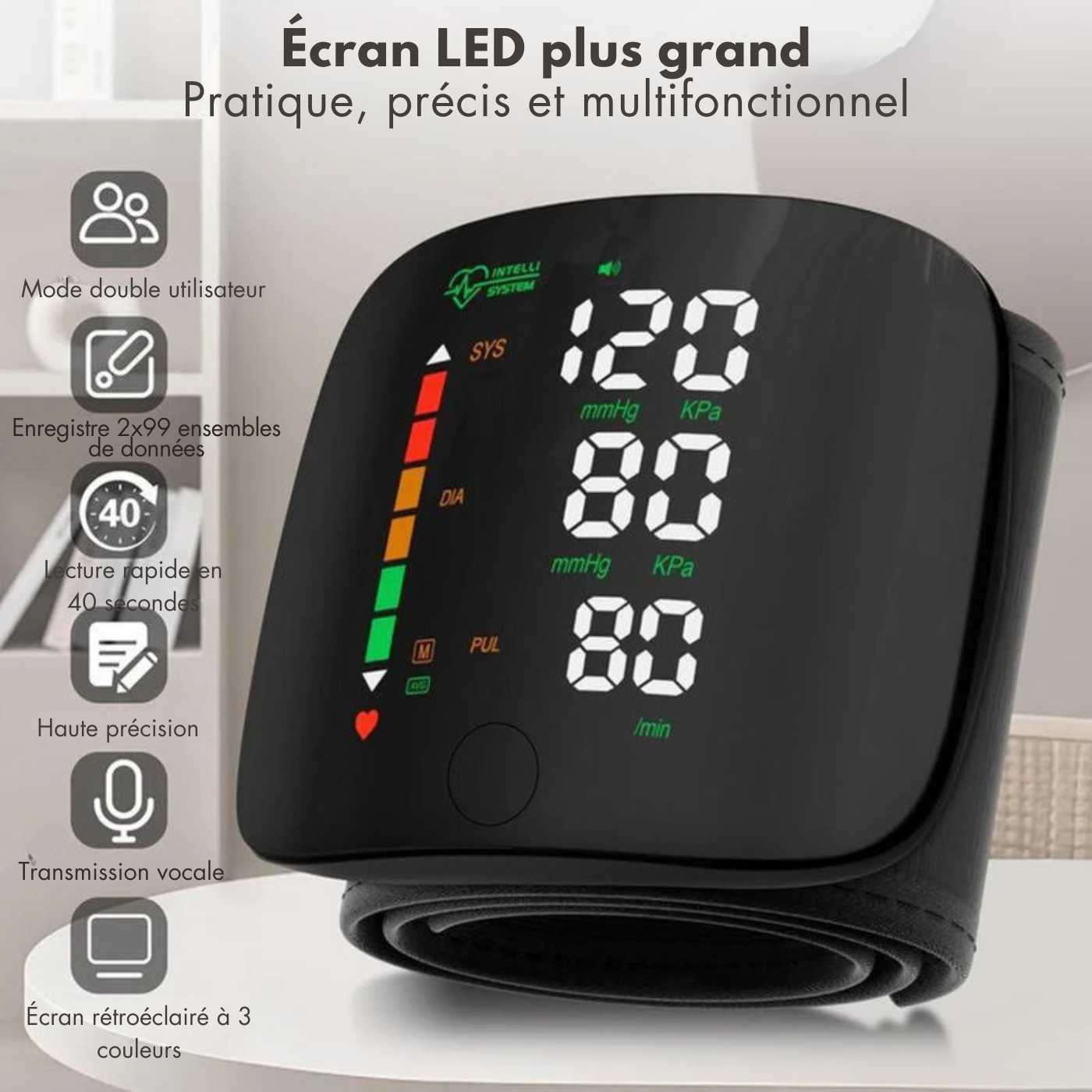 Tensiomètre au poignet numérique voix fréquence cardiaque tensiomètre LED écran numérique Rechargeable maison médicale
